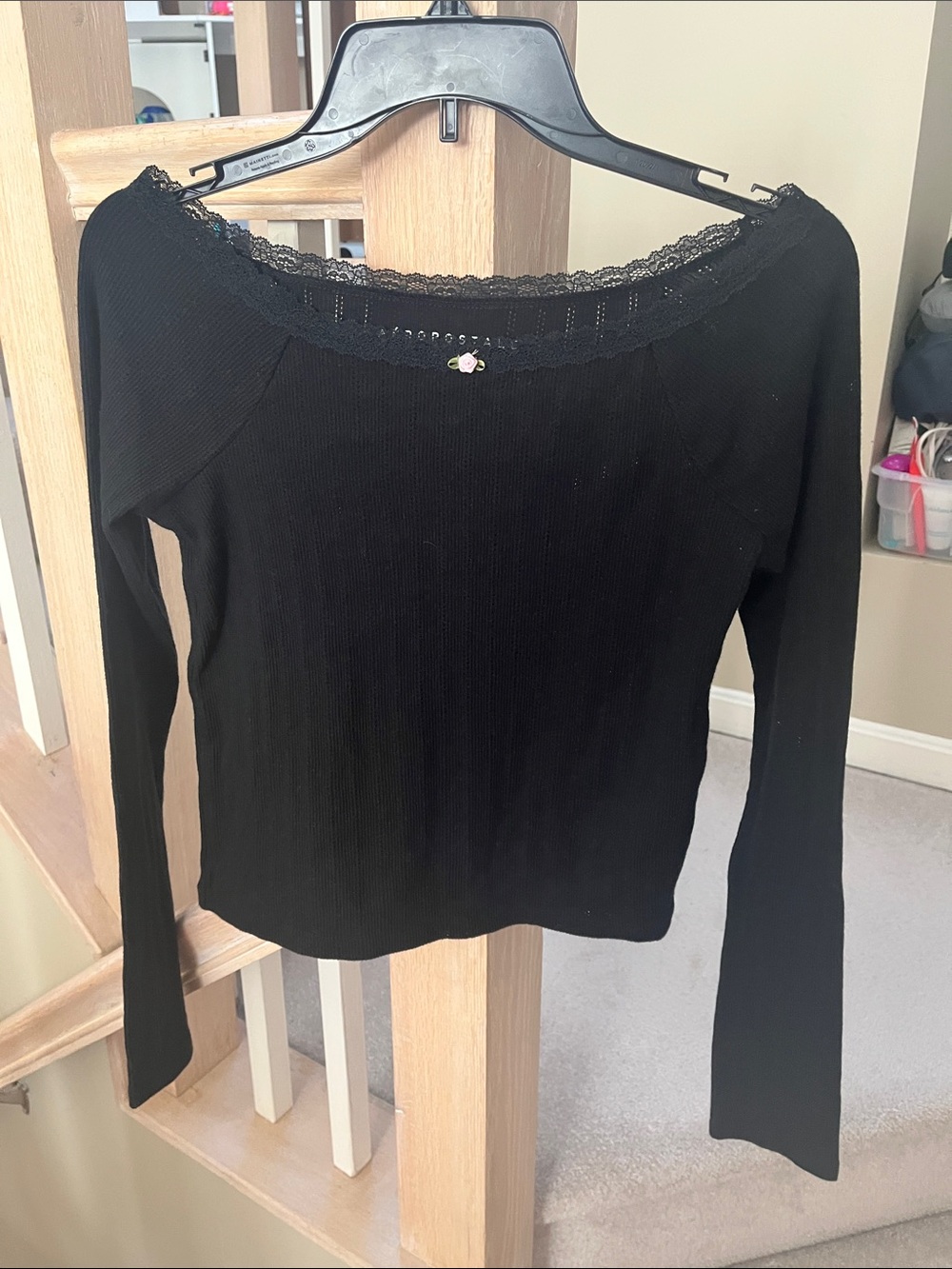 Aeropostale Black Long Sleeve Lace-Trim Ribbed Tee